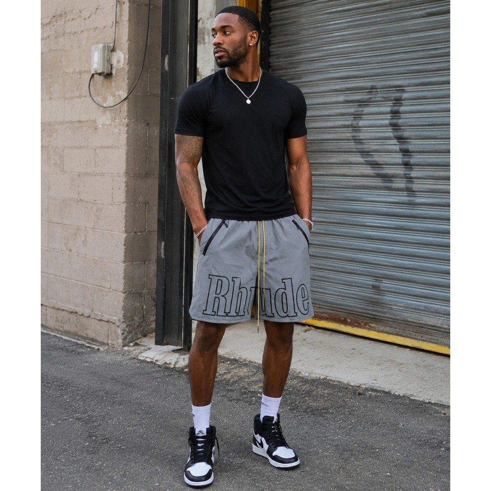 Rhude Gray Reflective Logo Mesh Lined Swim Trunks Shorts Size XL Made in USA